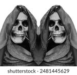 two hooded grim reapers. 2 grim reapers hooded skull shrouded. black figure of death. Eerie hooded figure hooded figure wearing a skull mask, Halloween holiday. couple isolated on white background