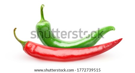 Two hot chili peppers of different color isolated on white background