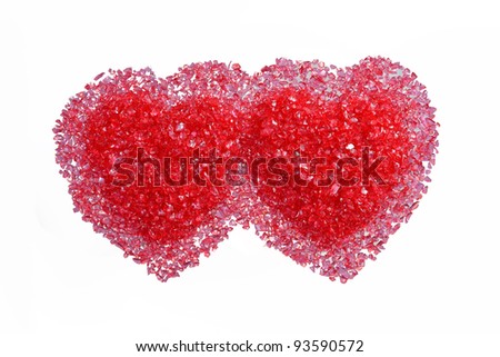 Two hot red hearts on a white background. Isolated on white
