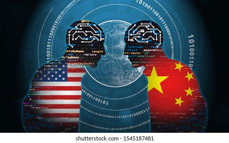 Two human figure including America and China flag are in confrontation on the world background