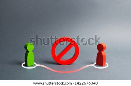 Two human figures form a link around the red NO sign. Bypassing prohibitions and barriers, doing business. Sanctions, loopholes in the law, illegal actions and ineffective control, violation of rules