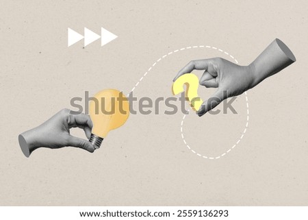 Two human hands holding a light bulb and a question mark on a colored background. Concept of business. Collage art