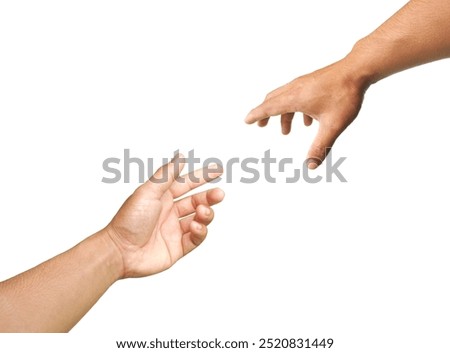 Two human hands are making a gesture of reaching out to touch each other's hands.  or holding hands to ask for help  or grab something  Isolated on a white background.
