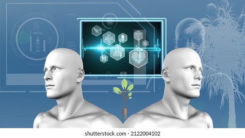 Two human head models and digital interface with medical data processing against blue background. medical research and technology concept - Powered by Shutterstock - Get 15% off with code: PIKWIZARD15