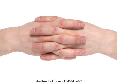 Two human join hands together isolated on white background, collaboration of business concept, teamwork concept, union concept, solidarity concept.