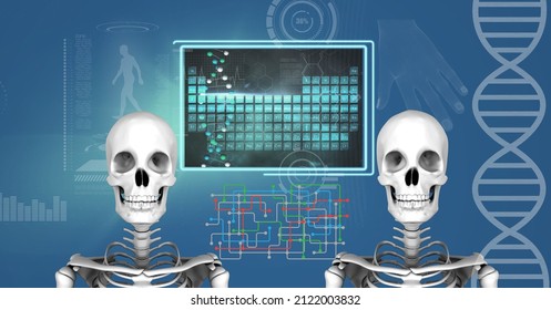 Two human skeleton models and digital interface with medical data processing against blue background. medical research and technology concept - Powered by Shutterstock