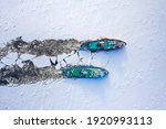 Two icebreakers breaking ice on Vistula river, Poland, 2020-02-18, aerial view