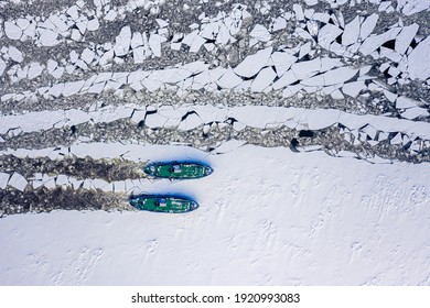 Two Icebreakers Floating On Vistula Crush The Ice, 2020-02-18, Poland, Aerial View