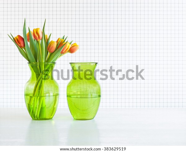 Two Identical Green Glass Vases Tulips Stock Photo Edit Now