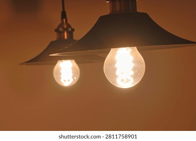 Two illuminated light bulbs with visible filaments hanging from dark pendant lamp shades