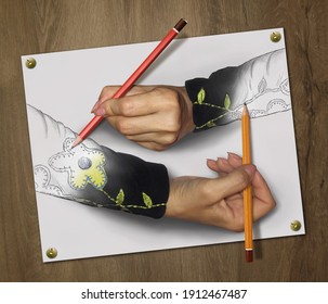 Two Impossible Women's Hands With Pencils Draw Each Other. Wooden Background.