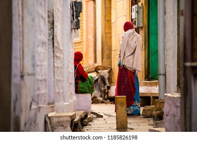 Two Indian Women Dressed In The Traditional Indian Saree, Are Watching A Sacred Cow Sitting In The Narrow Streets Of Varanasi, (Benares) India.