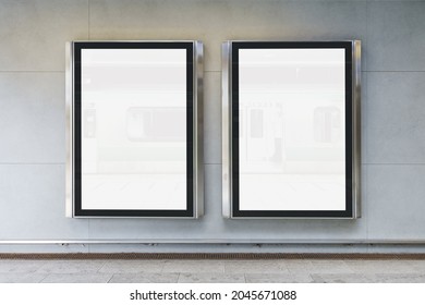 Two indoor outdoor city light mall shop template. Blank billboard mock up in a subway station, underground interior. Urban light box inside advertisement metro airport vertical.