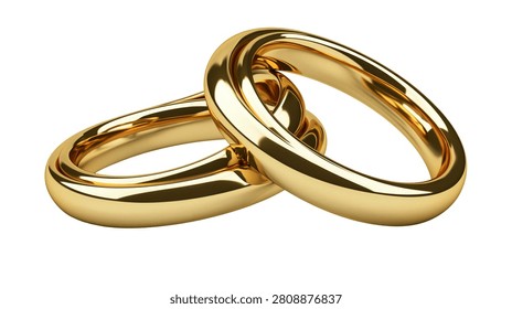 Two interlocking polished gold wedding bands resting together