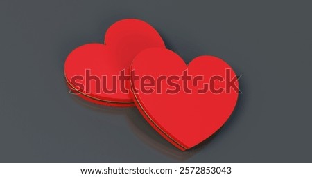 Two interlocking red hearts with golden details on a gray background. This charming image captures the essence of love. Perfect for romantic themes. 3d rendering.