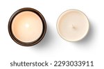two isolated candles: burning soy way candle in an amber glass jar and a cream colored tea light, decorative lifestyle design elements over a white  background, top view, flat lay	