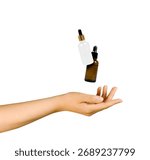 Two jars of cosmetic oils float above the hand, white background. Jars of cosmetics hovering over outstretched female hand on white background, isolate, copy space, advertisement, no text
