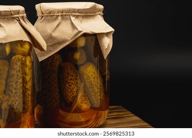 Two jars filled with pickled cucumbers and tomatoes are placed on a wooden surface. The jars are sealed with paper lids, showcasing the vibrant colors of the vegetables preserved inside.