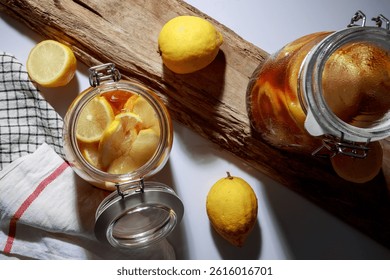 Two jars of lemonade sit on a wooden table with a few lemons and a cloth. The jars are open and filled with lemonade, and the lemons are sliced and scattered around the jars