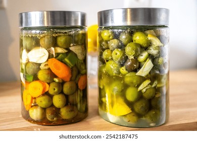 Two jars of traditional Andalusian-style pickled olives made at home, showcasing vibrant colors and fresh ingredients from Seville. Perfect representation of Mediterranean culinary heritage. - Powered by Shutterstock