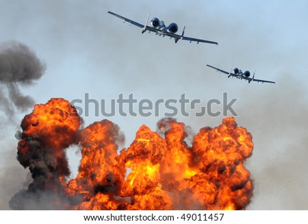 Two jetfighters in a ground attack with fire and smoke