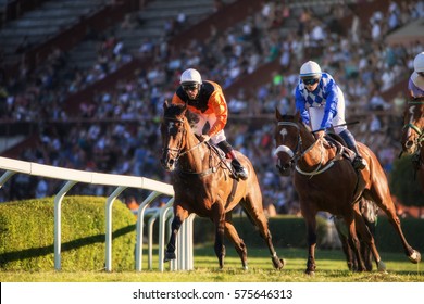 Two jockeys during horse races on their horses going towards finish line. Traditional European sport.