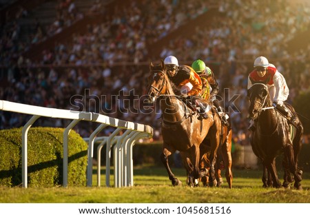 Two jockeys during horse races on his horses going towards finish line. Traditional European sport.