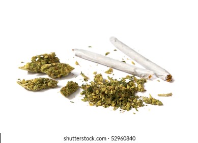 two joints and a stash of marijuana on white background