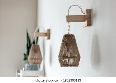 Two Jute rope light lamps fixture with wooden wall mount