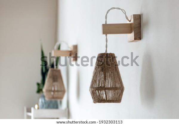 Two\
Jute rope light lamps fixture with wooden wall\
mount