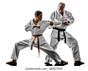 Two Karate Men Sensei And  Teenager Students Teacher Teaching Isolated On White Background