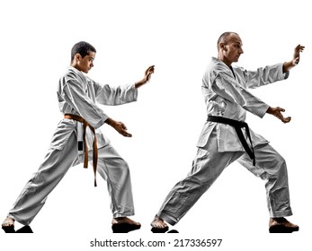 Two Karate Men Sensei And Teenager Student Teacher Teaching Isolated On White Background