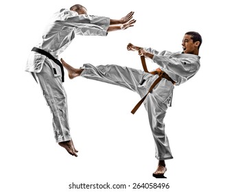 Two Karate Men Sensei And Teenager Student Fighters Fighting Isolated On White Background