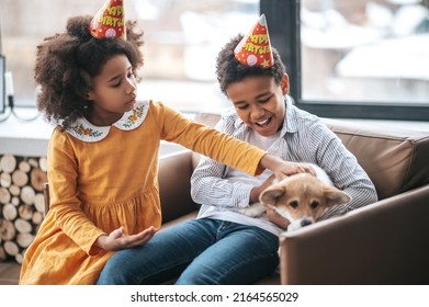 Two Kids In Bday Hats Celerating Puppys Birthday