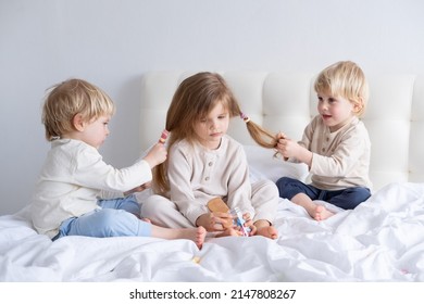 Two Kids Boys Braids Pigtails Using Colorful Elastic Bands For Hair For Little Girl Sister