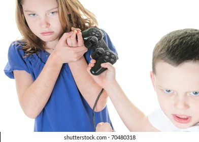 Two Kids Fighting Over Video Console