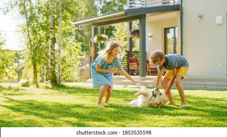 Two Kids Have fun with Their Handsome Golden Retriever Dog on the Backyard Lawn. They Pet, Play, Scratch it. Happy Pedigree Dog Holds Toy ball in Jaws. Idyllic Suburb House in the Summer - Powered by Shutterstock