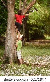 Two Kids Helping Each Other To Climb On Tree And Reaching For Shoes On Branch