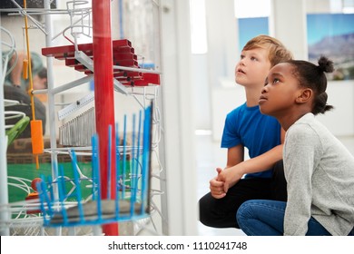 Two Kids Kneeling And Looking At A Science Exhibit