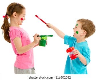 Two Kids Painting Each Others Faces And Having Fun. Isolated On White