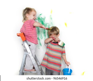 Two Kids Painting Over White