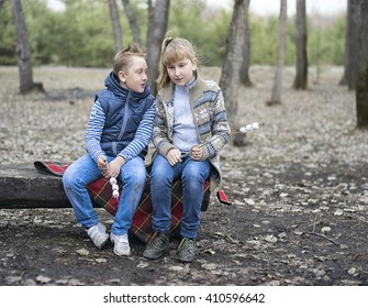 Two Kids Sitting On The Wooden Bench In The Park Cookout The Marshmellow