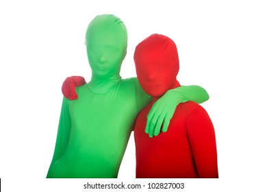 Two Kids Wearing Bright, Colorful Spandex Body Suits.  One Is Red, The Other Is Green.