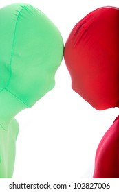 Two Kids Wearing Bright, Colorful Spandex Body Suits.  One Is Red, The Other Is Green.