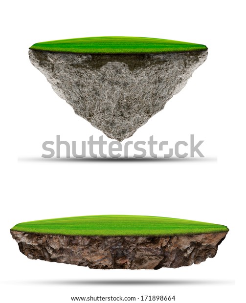 two kind of floating green grass  field over\
rock island on white use for multipurpose nature and creative\
background  or backdrop