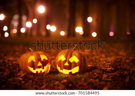 Two Kind Halloween Pumpkins in the park at night