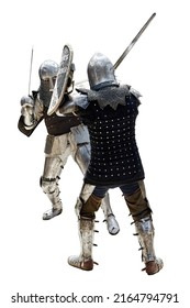 Two knights in steel armor with swords and shields are fighting in a tournament. Isolated on white background. - Shutterstock ID 2164794791