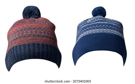 Two Knitted Dark Blue Orange And Dark Blue White Hats Isolated On White Background.hat With Pompon .