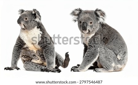 Two koalas sitting side by side, looking in different directions, isolated on a white background.