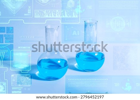 Two laboratory flasks with blue liquid and futuristic artificial intelligence interface overlay, concept of scientific innovation, chemistry and modern technology.